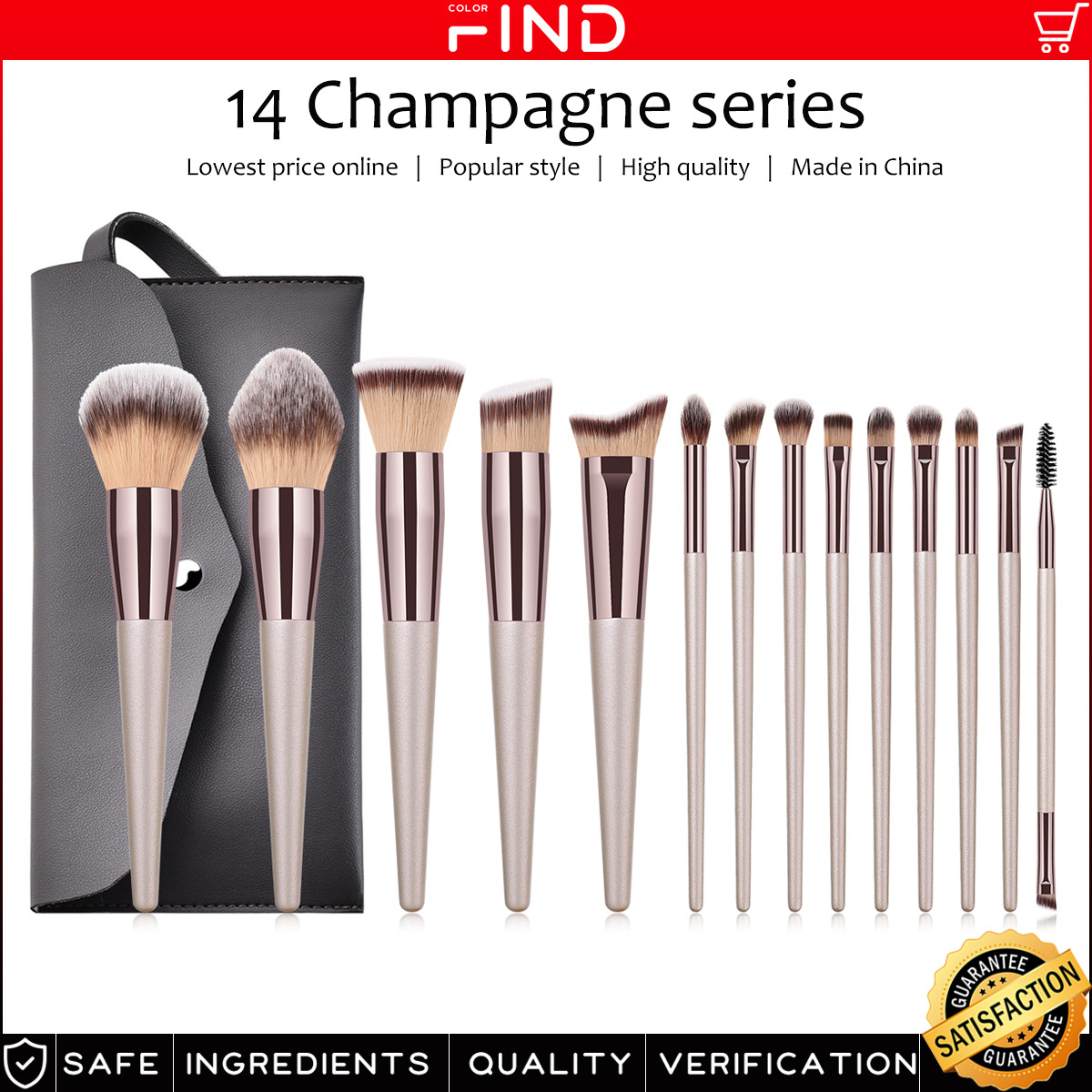 Conjunto de 14 pincéis de maquiagem cor champanhe + bolsa de cosméticos incluindo pincel de pó_voghion.com