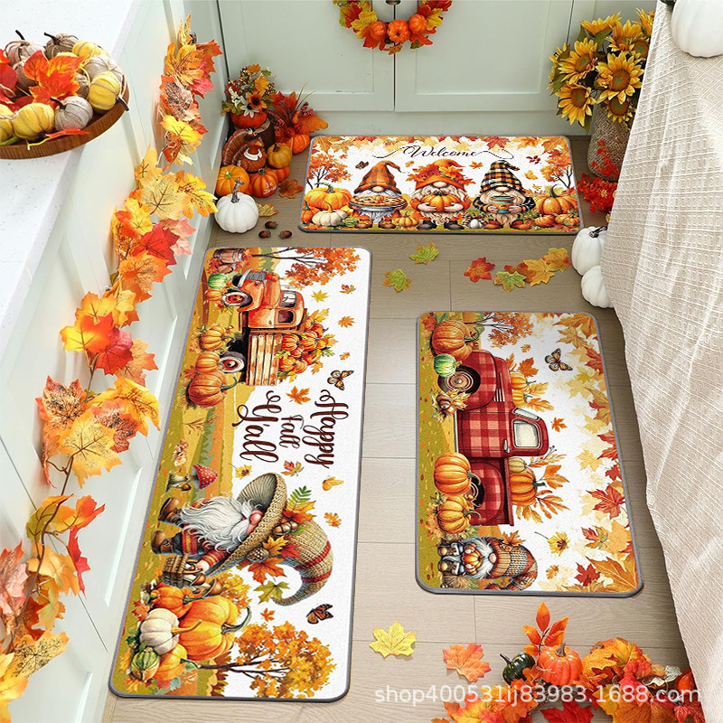 Autumn Kitchen Carpet Cartoon Dwarf Car Pumpkin Maple Leaf Kitchen Mat Three-Piece Set Cross-Border Temu Dropshipping