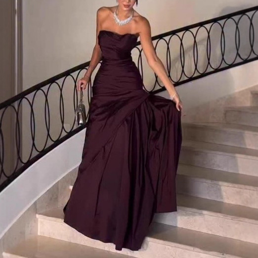 European and American Sexy Women's Clothing Cross-Border Amazon Sexy Sexy Off-Shoulder Sleeveless Tube Top Solid Color Evening Dress