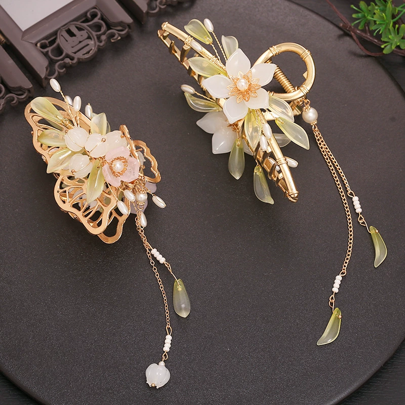 Ханчжоу? (Hanfu) ретро булавка-краб с бабочкой, зажим для волос с кисточками из жемчуга, аксессуар для волос, акула