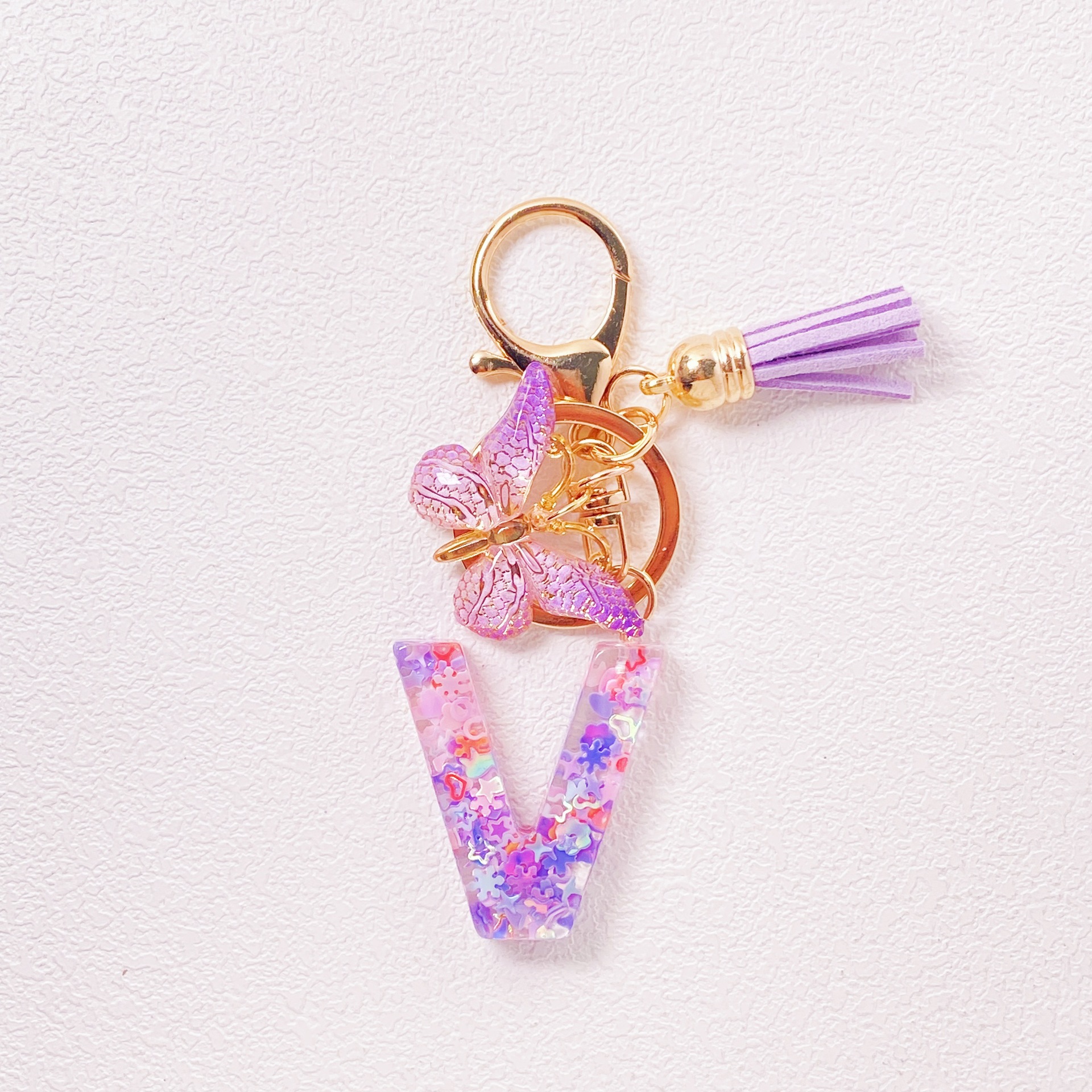 20g Weight Sequins Inlay Material Keychain Classification Daily Occasion Epoxy Material Letter, Butterfly Pattern Women's Gender Sweet Style Purple Color Letter Butterfly Keychain Epoxy Sequins Women's Sweet Keychain 23
