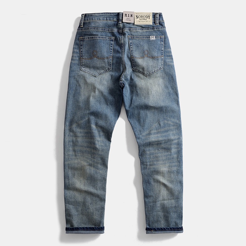 Vintage jeans nostálgicos japoneses elásticos ociosos lavados con agua encajan recto azul americano pantalones de hombre