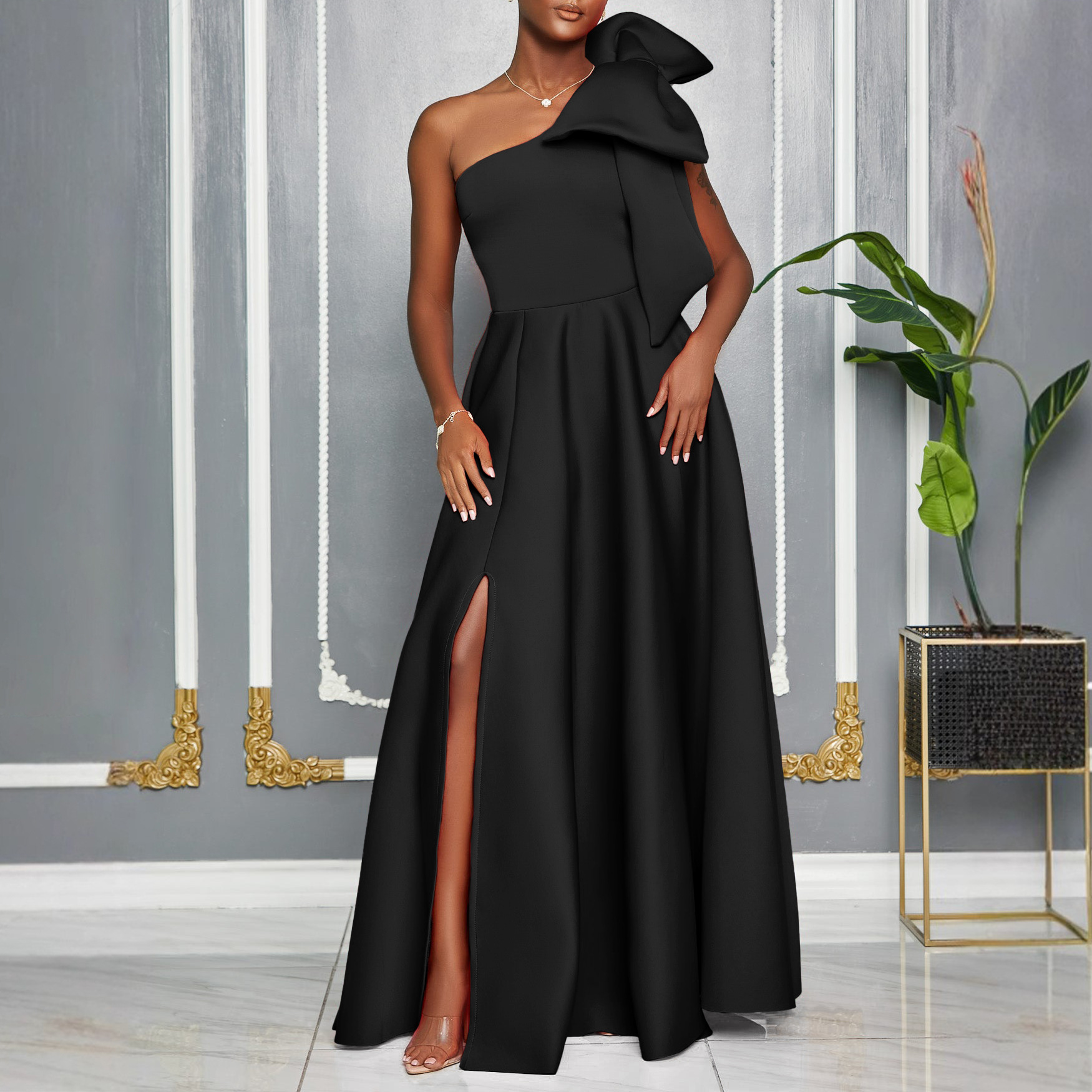 Women's One Shoulder Red Evening Dress With Bow, Elegant A-Line Maxi Gown For Wedding Guest, Prom & Formal Party_ecoleips.com
