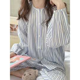 跨境专供外贸女士春韩版新品条纹睡衣休闲长袖长裤舒适家居服套装