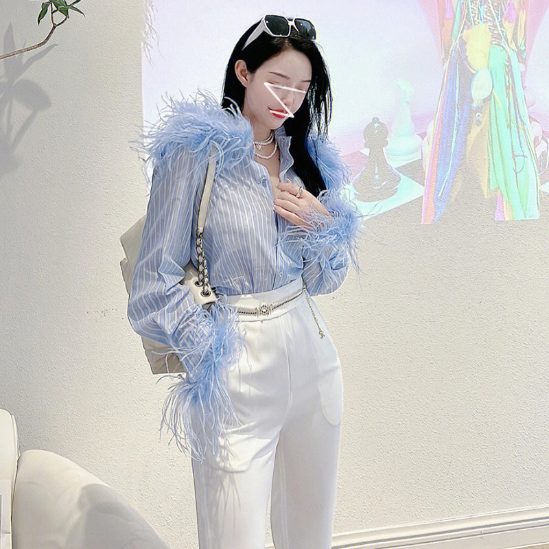 In-Stock Socialite Sweet Fairy Feather Striped Shirt Spring and Autumn French Design Stylish Versatile Slimming Blouse In-Stock Socialite Sweet Fairy Feather Striped Shirt Spring and Autumn French Design Stylish Versatile Slimming Blouse