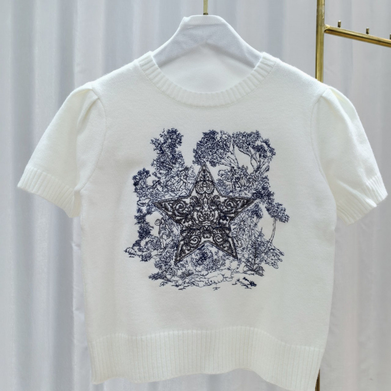 European and American Style Spring and Autumn Round Neck Short-Sleeve Top, Early Spring Heavy Embroidery Five-Pointed Star Pattern Knit Sweater