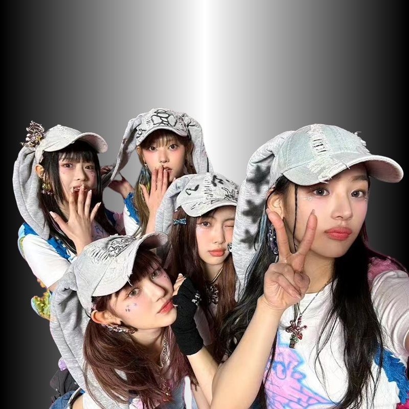 Korean Newjeans Style Rabbit Ear Baseball Cap Denim Washed Graffiti Hong Kong Style Dance Hip-Hop Hat Korean Newjeans Style Rabbit Ear Baseball Cap Denim Washed Graffiti Hong Kong Style Dance Hip-Hop Hat