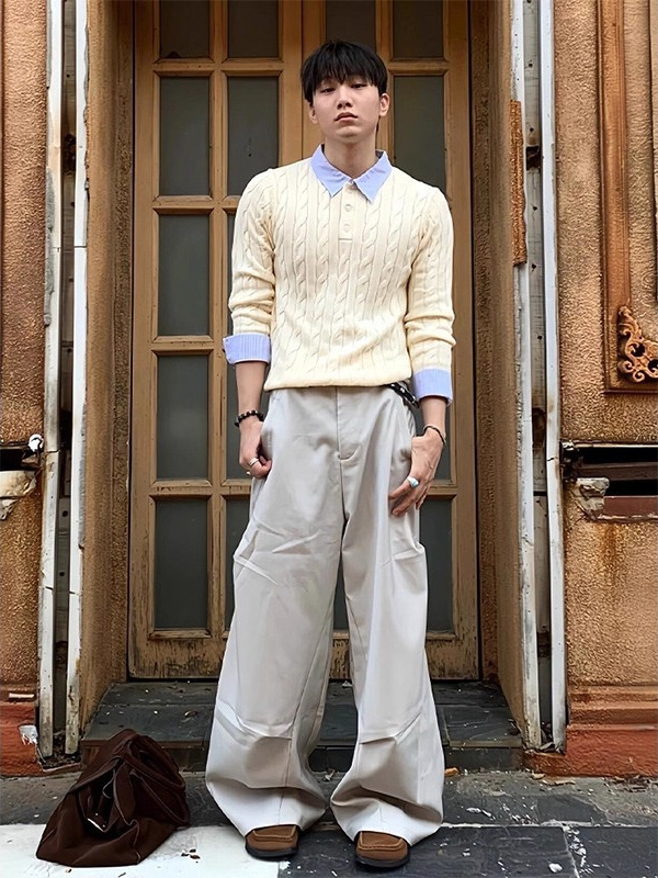 假两件拼接条纹毛衣男高级感老钱风麻花纹Polo毛衣cleanfit针织衫|undefined