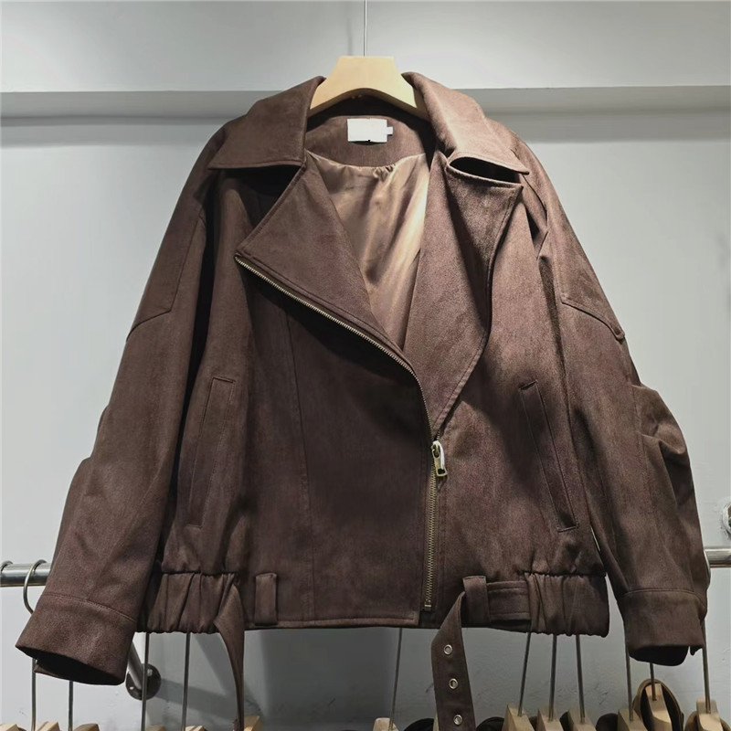 Retro Meirade de peluche corto abrigo curry mujer 2026 primavera nueva chaqueta de cuero de volador de locomotora