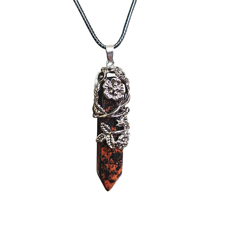 Leaf, Flower Pattern Foreign Trade Ornament Natural Stone Bullet Crystal Single Tip Hexagon Prism Pendant Rose Plum Necklace
