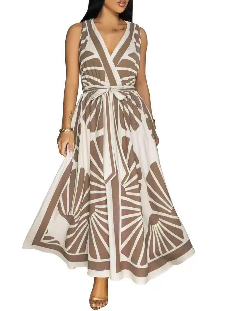 2025 Cross-Border Foreign Trade European And American Women's Clothing V-Neck Sleevel Bohemian Printed Long_ecoleips.com