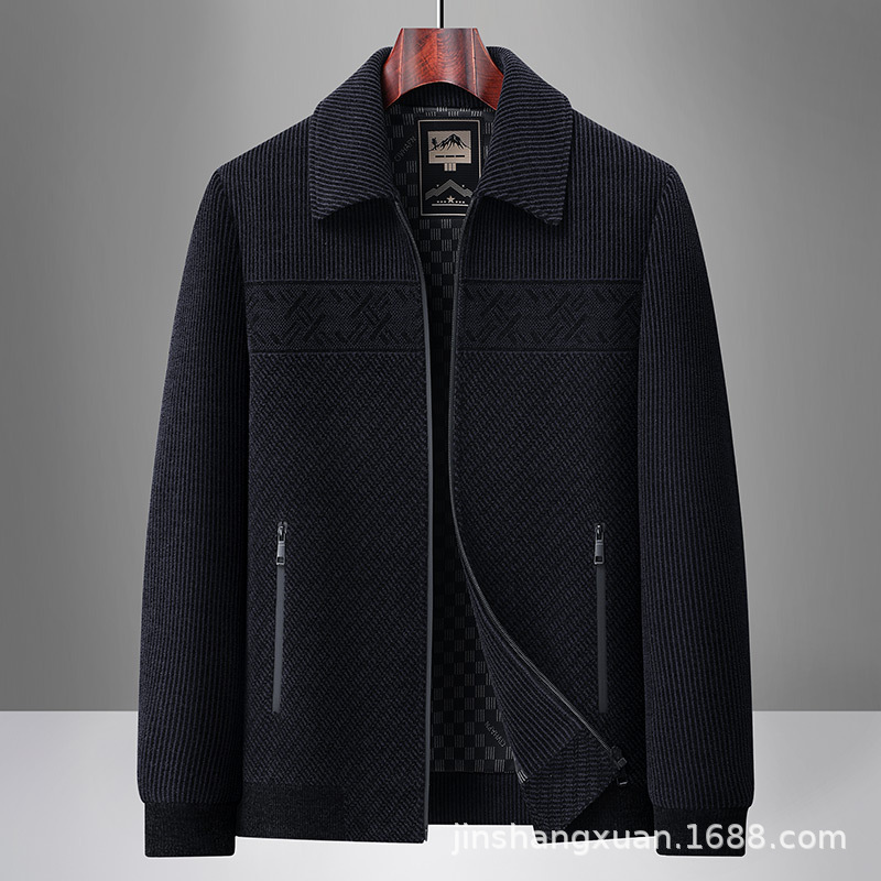 男士夹克爸爸外套男士中年雪尼尔夹克翻领中老年人秋冬款衣服