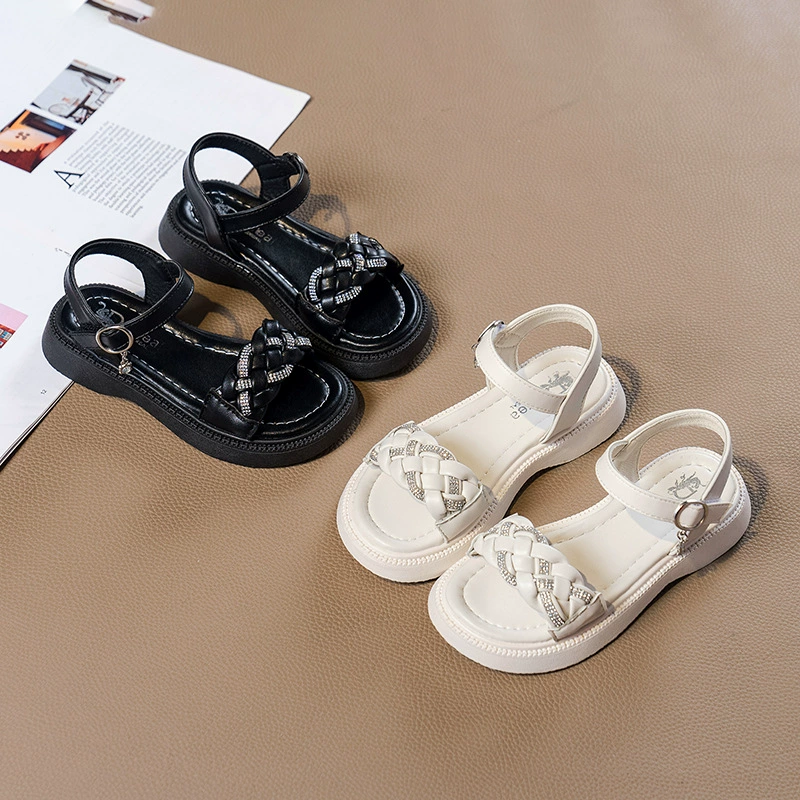 Сандалии для девочек 2024 лето новый стиль тканые стразы Принцессы обувь детские нескользящие студенческие туфли