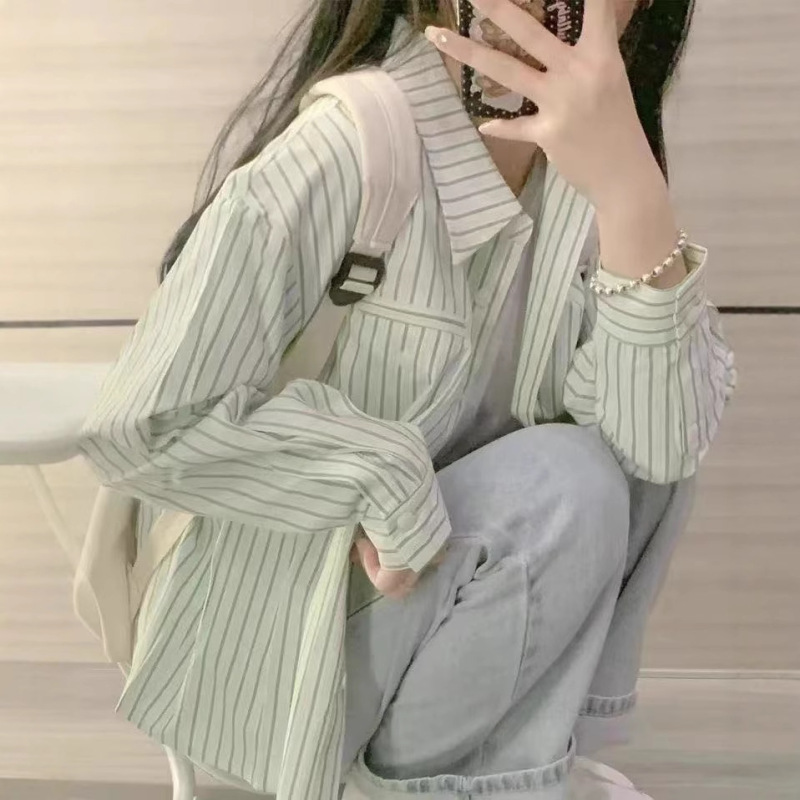 法式条纹衬衫女2025春季宽松日系复古小个子港风设计感小众上衣|undefined