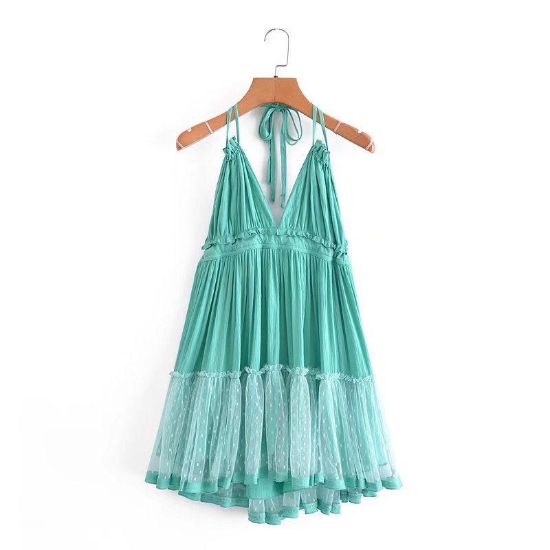 Mesh Pleated V Neck Backless Hanging Neck Lace-Up Dress NSXFL115700