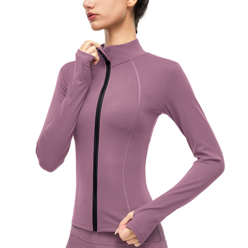 New style brushed fitness clothing jacket, women's tight-fitting zipper top, slimming stand-up collar, sports long-sleeved nude yoga clothing