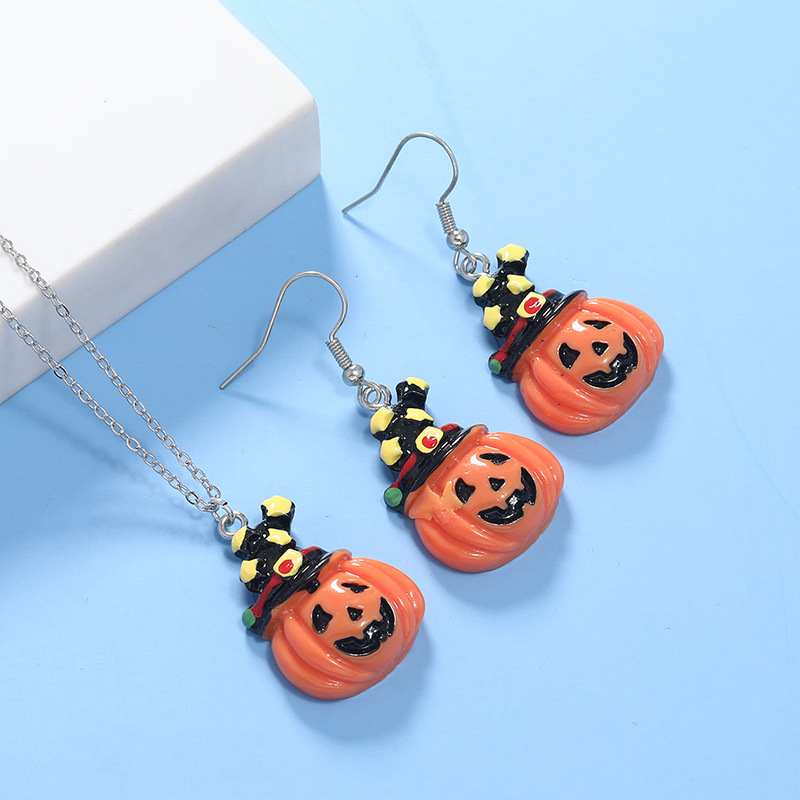 Halloween Pumpkin Pendant Earrings Necklace Set Wholesale Nihaojewelry display picture 6