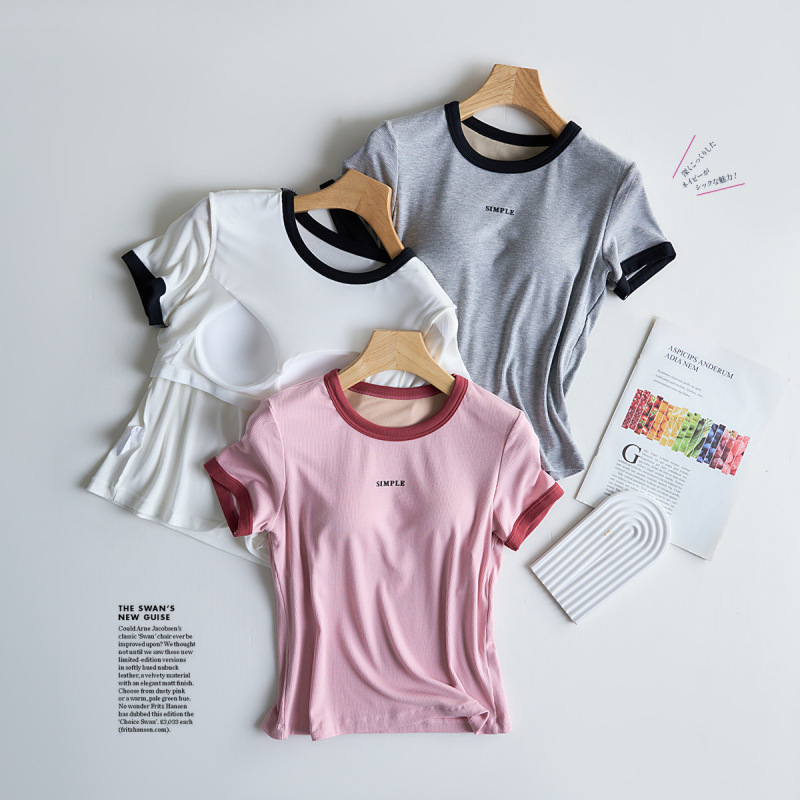 Women's Summer Wear-Free Bra-Free Short-Sleeved Casual Short-Sleeved T-Shirt with Chest Pad Women's Summer Wear-Free Bra-Free Short-Sleeved Casual Short-Sleeved T-Shirt with Chest Pad