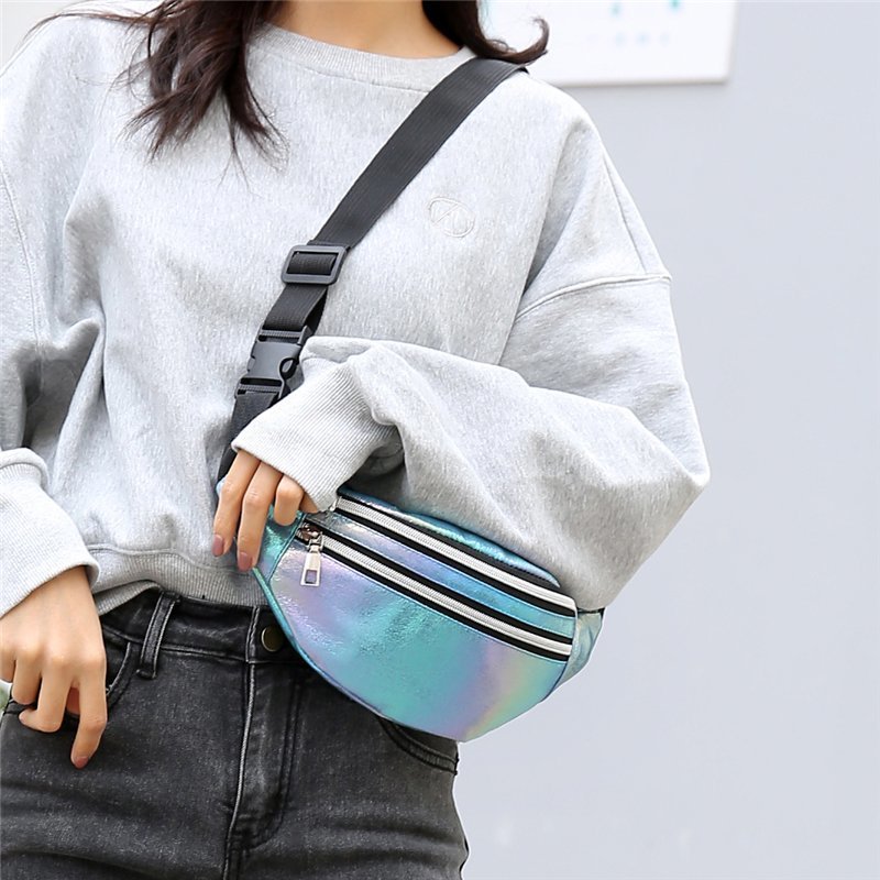 Nueva moda bolso de la cintura estilo coreano láser crossbody bolso del pecho bolso de la cintura del teléfono móvil impermeable de las mujeres monedero al por mayor logotipo impreso