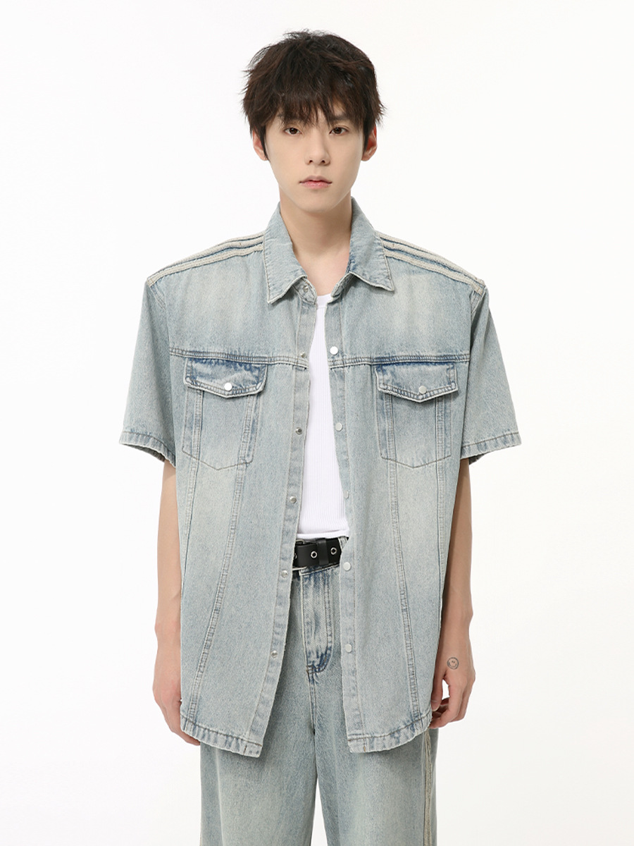 MTLCLOTHES Hombres| 2024 verano nuevo estilo retro americano barra lateral estriado diseño cojín de hombro conjunto de moda