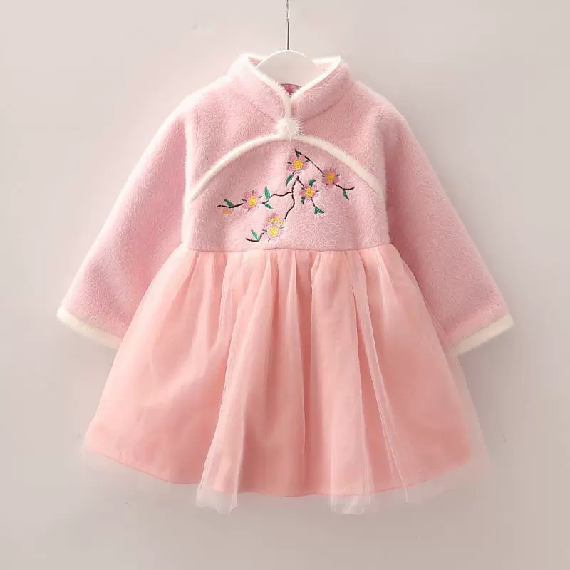 冬季新款儿童汉服加绒加厚年服女童红色拜年中国风唐装旗袍连衣裙