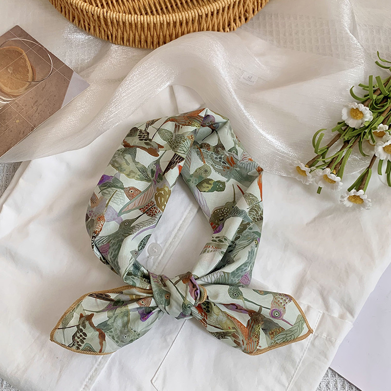 Bufanda de seda, bufanda cuadrada pequeña, nueva bufanda de seda literaria fresca, bufanda, bolso floral dulce, pañuelo en la cabeza, cinta para el cabello, serpentinas para el cabello
