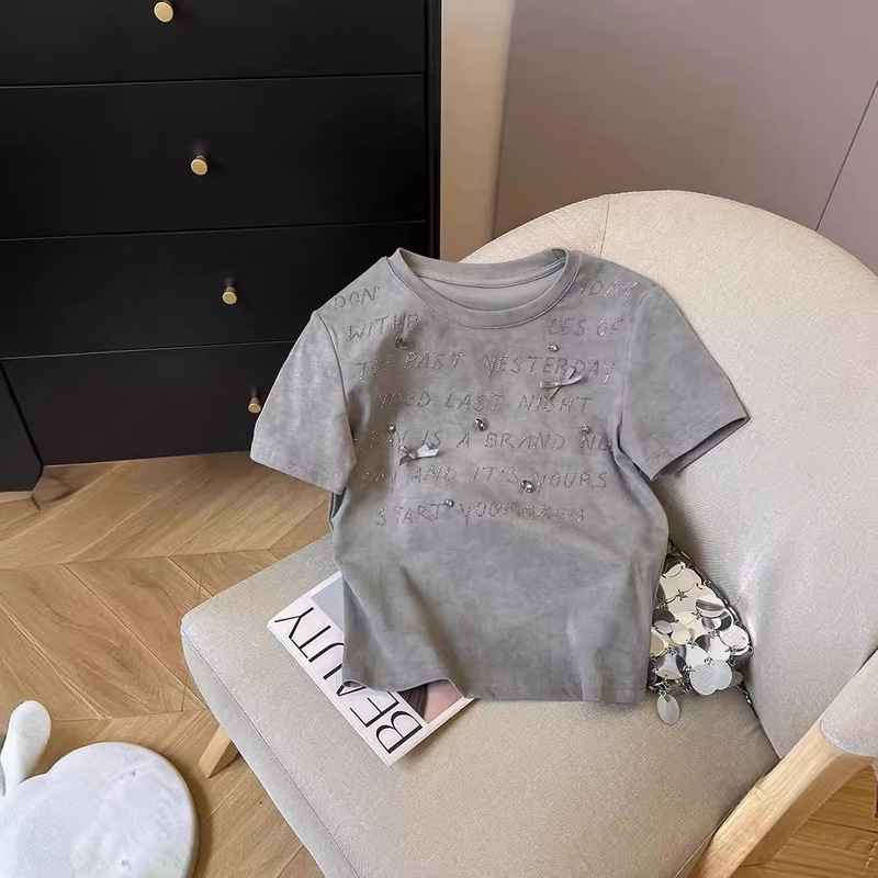 Official Figure 210g Threaded Short-sleeved T-shirt Summer 2024 Trendy Embroidered Shoulder Slim-fit Short Round Neck Top Korean Women's Wear