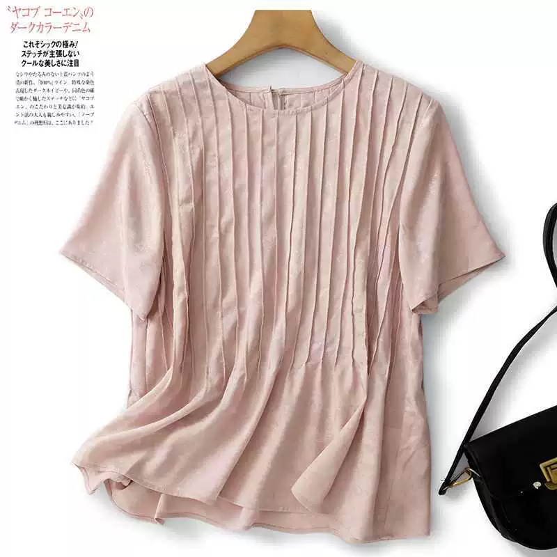 Accordion pleated satin jacquard, front and back stripping craftsmanship!Fan Xiaoshirt, goddess of heavy industry in summer