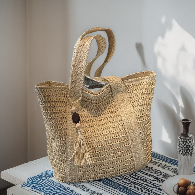 Casual Pure Color Large-Capacity Commuter Straw Bag Literary Wide Braid Satchel Woven Holiday Style Beach Bag Shoulder Bag