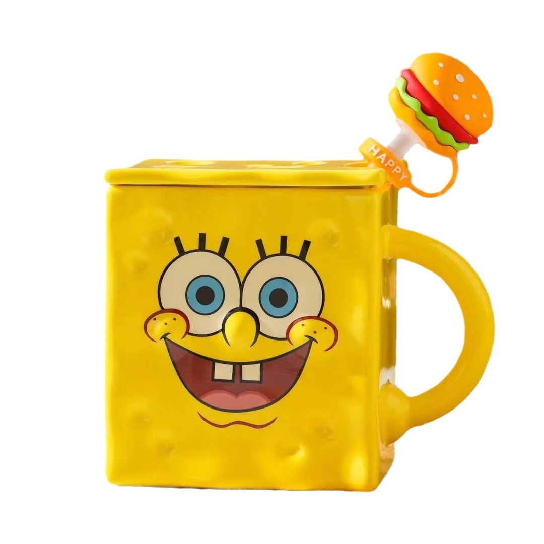 Personalidad creativa esponja bebé productos genuinos autorizado de dibujos animados taza de agua de cerámica regalo taza de paja con tapa