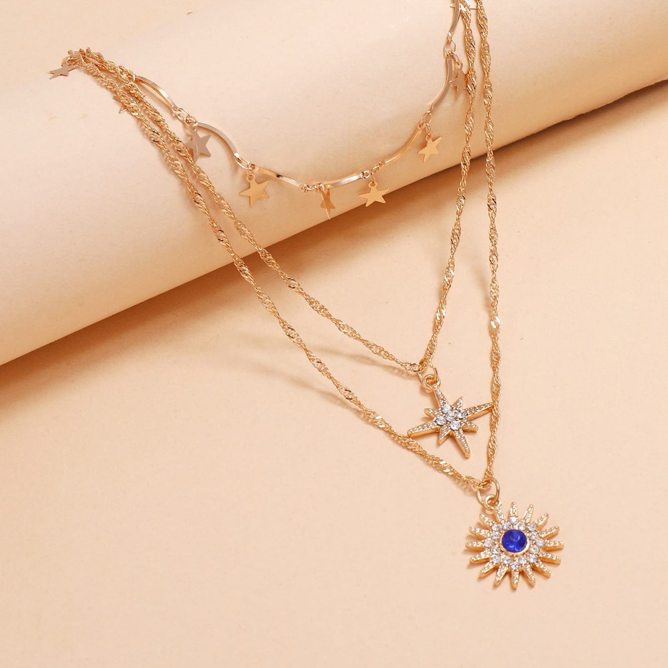 Multi-layered wear five-pointed star diamond eight-pointed star Sun Flower Pendant Tassel Necklace