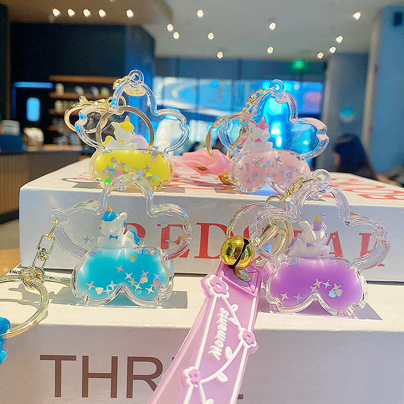 Púrpura estrella de cinco puntas líquido Quicksand llavero chica corazón flor de cerezo aceite colgante lindo tridimensional mochila adornos para mujeres