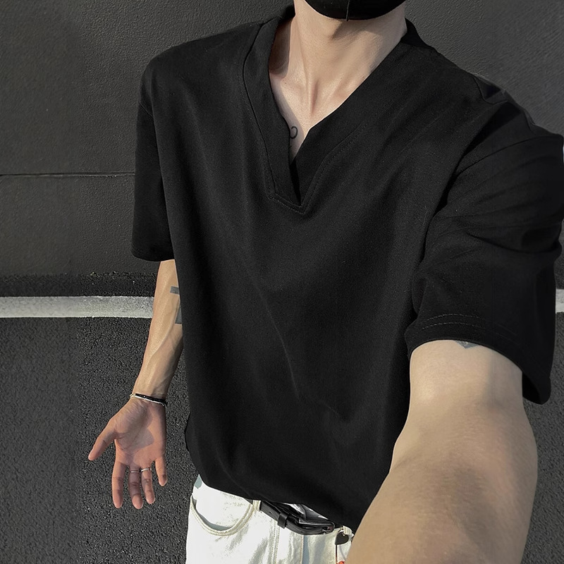 Black Heavyweight Solona T-Shirt Men's Summer Cleanfit Henry V Neck Short-Sleeved American High Street Right Shoulder Half-Sleeve