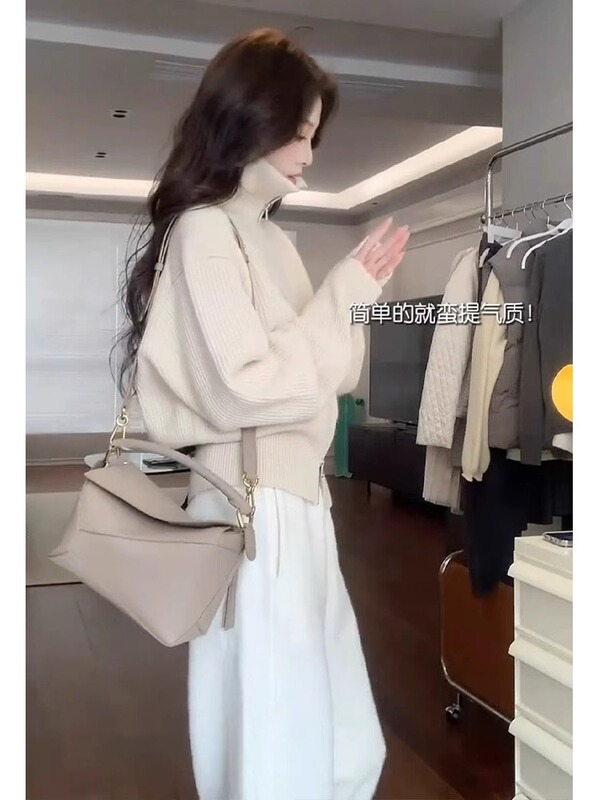 慵懒风双拉链翻领针织开衫女秋冬加厚高级感软糯毛衣外套短款上衣|undefined