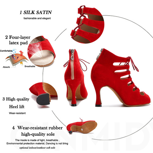 Women's latin shoes Red black short boots salsa rumba chacha dance boots fashion Latin  waltz dancing shoes female adult soft bottom shoes indoor