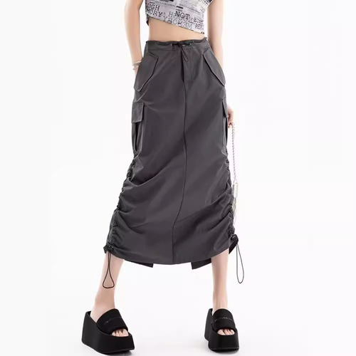 American-style cool and trendy girl's quick-drying, wrinkle-resistant drawstring work skirt—summer vintage loose-fitting casual straight-leg skirt with a back slit.