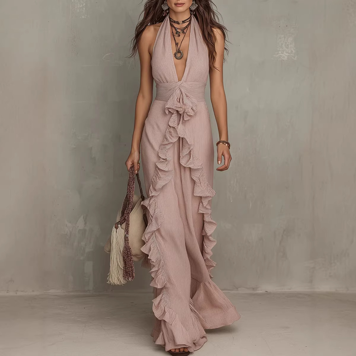 2026 European And American Independent Site Cross-Border Vacation Bohemian Striped Ruffe Backess Dress New_ecoleips.com