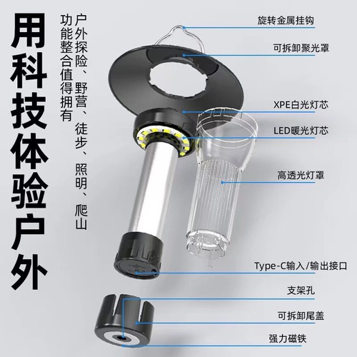 Cross-border new lighthouse camping light Type-C rechargeable multi-function camping tent light portable warning flashlight