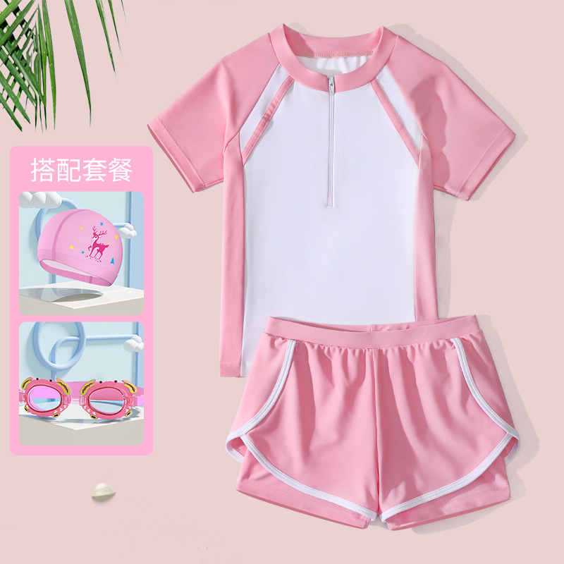 Girls' swimsuit split two-piece set, sports style, boxer angle, conservative, casual swimwear for girls, small, medium and large children
