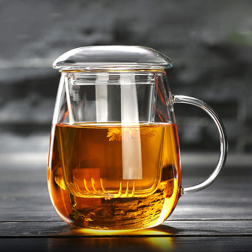 Tea cup glass three-piece set flower tea cup home heat-resistant office tea with handle filter cup LOGO wholesale