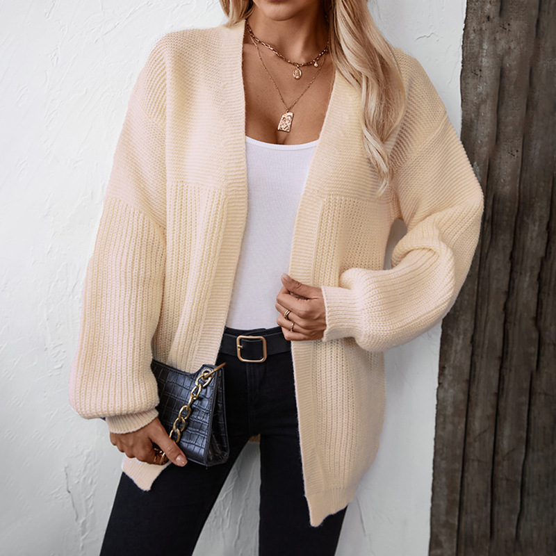 Cross-Border Export Women's Knitwear Autumn and Winter New Lantern Sleeve Pure Color Knitwear Jacket Thick Wool Knitted Cardigan for Women
