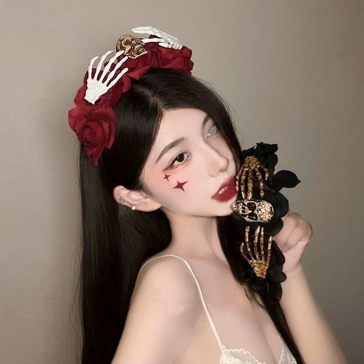 Halloween simulation rose headband skull ghost hand niche personality headband Gothic girl dark hair accessories_voghion.com