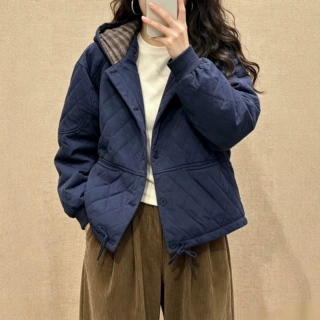 琪镌绘制冬季新款复古菱格棉衣女宽松连帽夹棉外套保暖棉服女6830