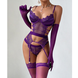 Dnika Purple Grape Sexy Underwear Silk Stitching See-through Bra suit with Gloves Socks Sexy suit