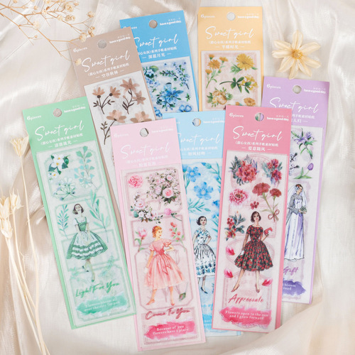 Sticker for a Wonderful Day, Sweet Girl Series, Japanese Style Handmade Album DIY Material Decorative Sticker, 6 Pieces, 8 Designs