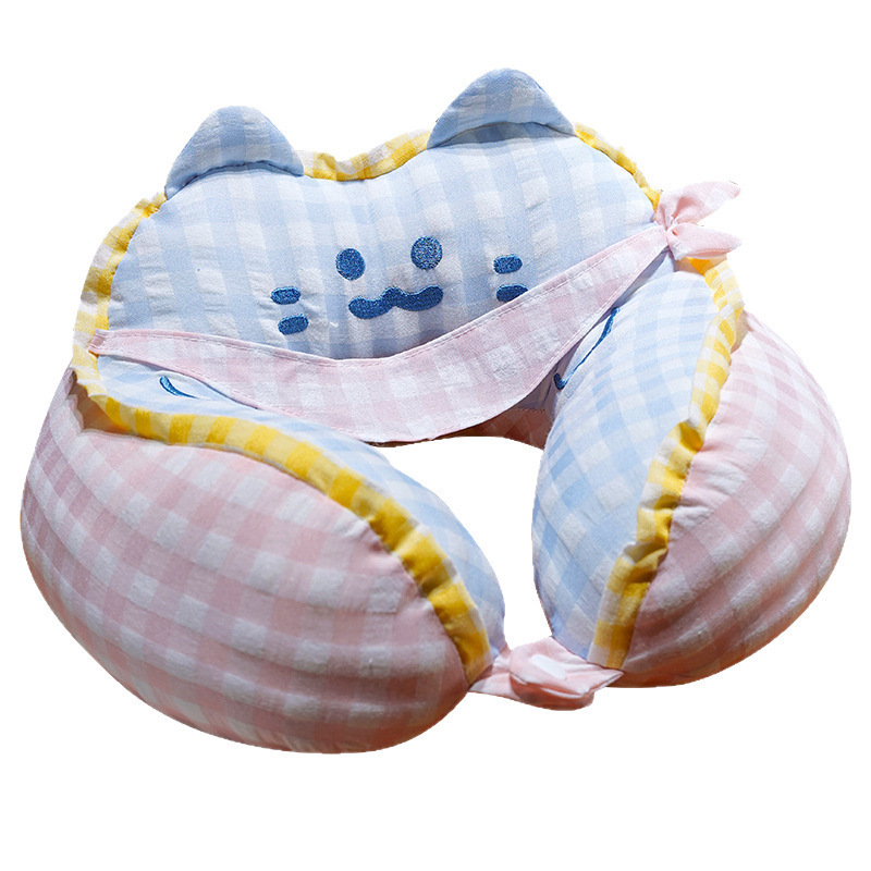 Cartoon toallas cuadradas Miao Plaid jorobas almohada en forma de U almohada de cuello adultos estudiantes dormir almohada de viaje almohada de columna cervical