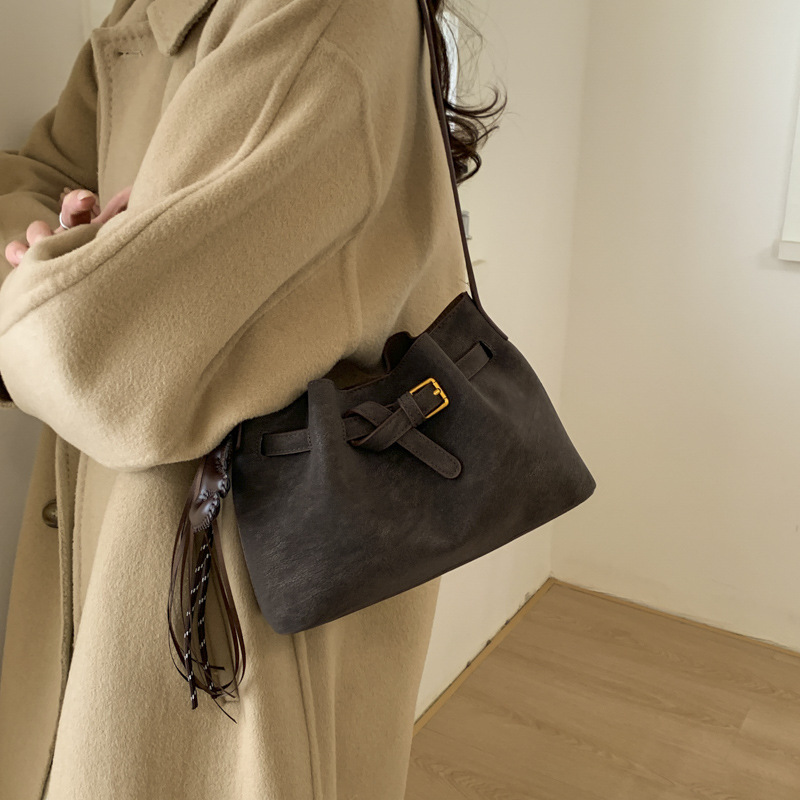 Niche Retro Market Basket Tote Bag For Women 2025 New Suede Brown Bucket Bag Shoulder Crossbody Cloud Bag - Thumbnail 2