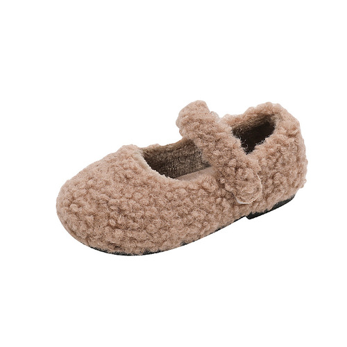 Girls furry shoes little girl plus velvet warm bean shoes  winter new Korean version retro princess shoes cross-border