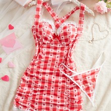 新款女士temu方格爱心花纹性感吊带露背睡裙