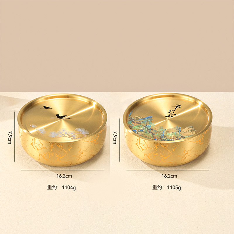 纯黄铜茶盘现代家用储水小茶台圆形功夫茶托干泡盘茶洗盘国潮风|undefined